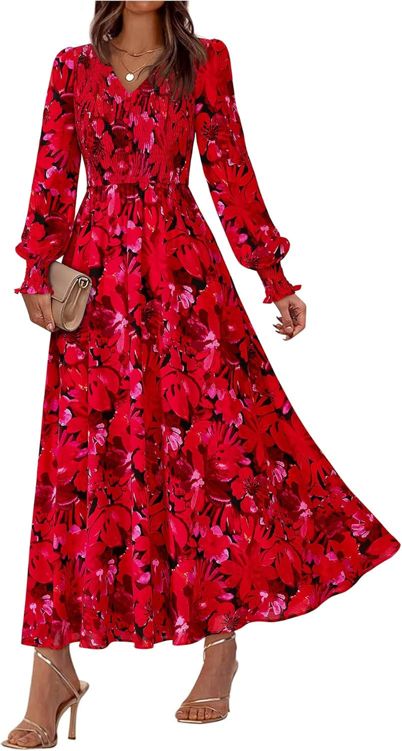 Women Fall Wedding Guest Maxi Dresses 2025 Floral V Neck Long Sleeve Boho Long Dress Vacation