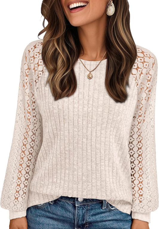 Womens Long Sleeve Work Shirts Lace Trendy Dressy Tops Fall Fashion Lightweight Sweaters Business Casual Blouses