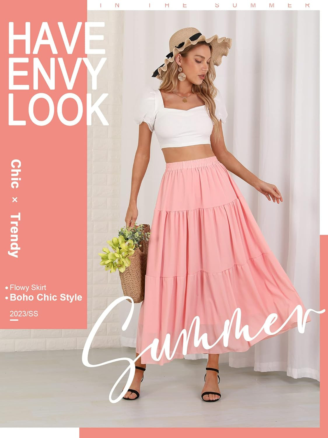 Womens Chiffon Maxi A-Line Skirts Elastic High Waist Ruffle Beach Long Flowy Skirt