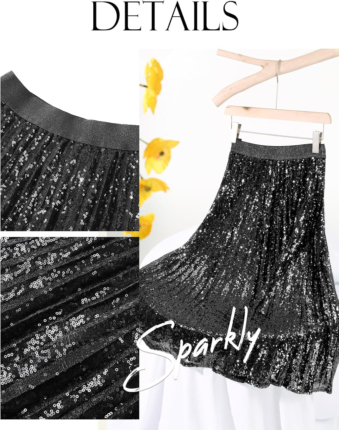 Sequin Skirt Elastic High Waisted A-Line Sparkle Pleated Skirts for Cocktail Party 2025