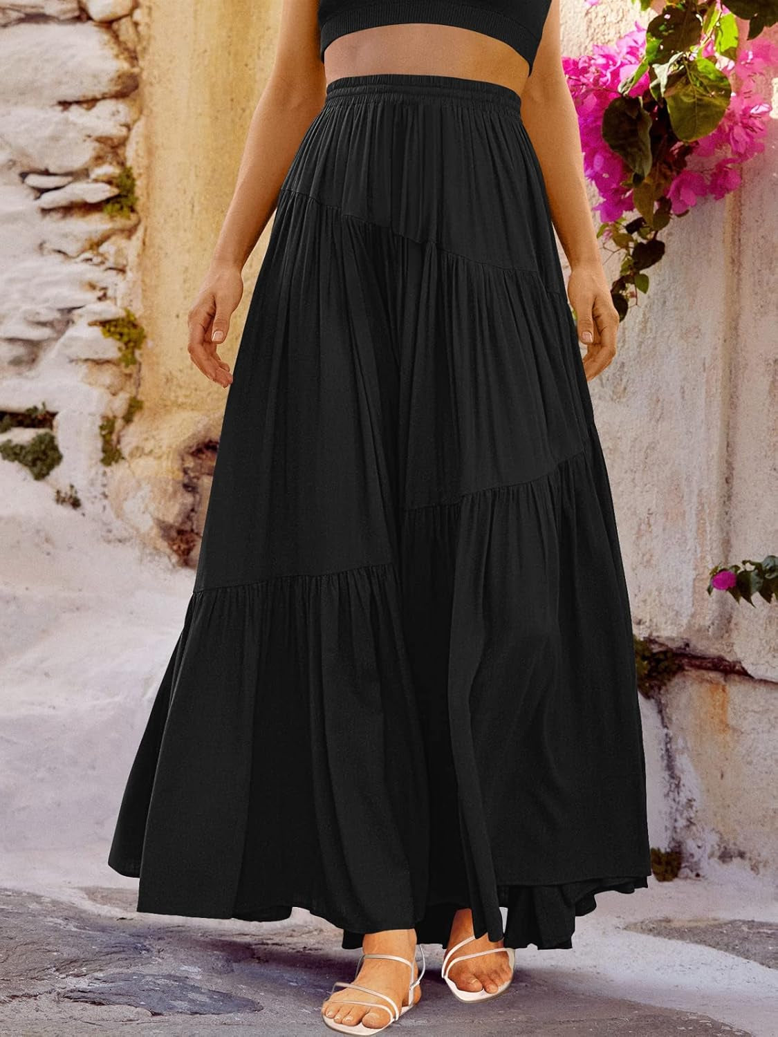 Women’S Boho Elastic High Waist Pleated A-Line Flowy Swing Asymmetric Tiered Maxi Long Skirt Dress with Pockets
