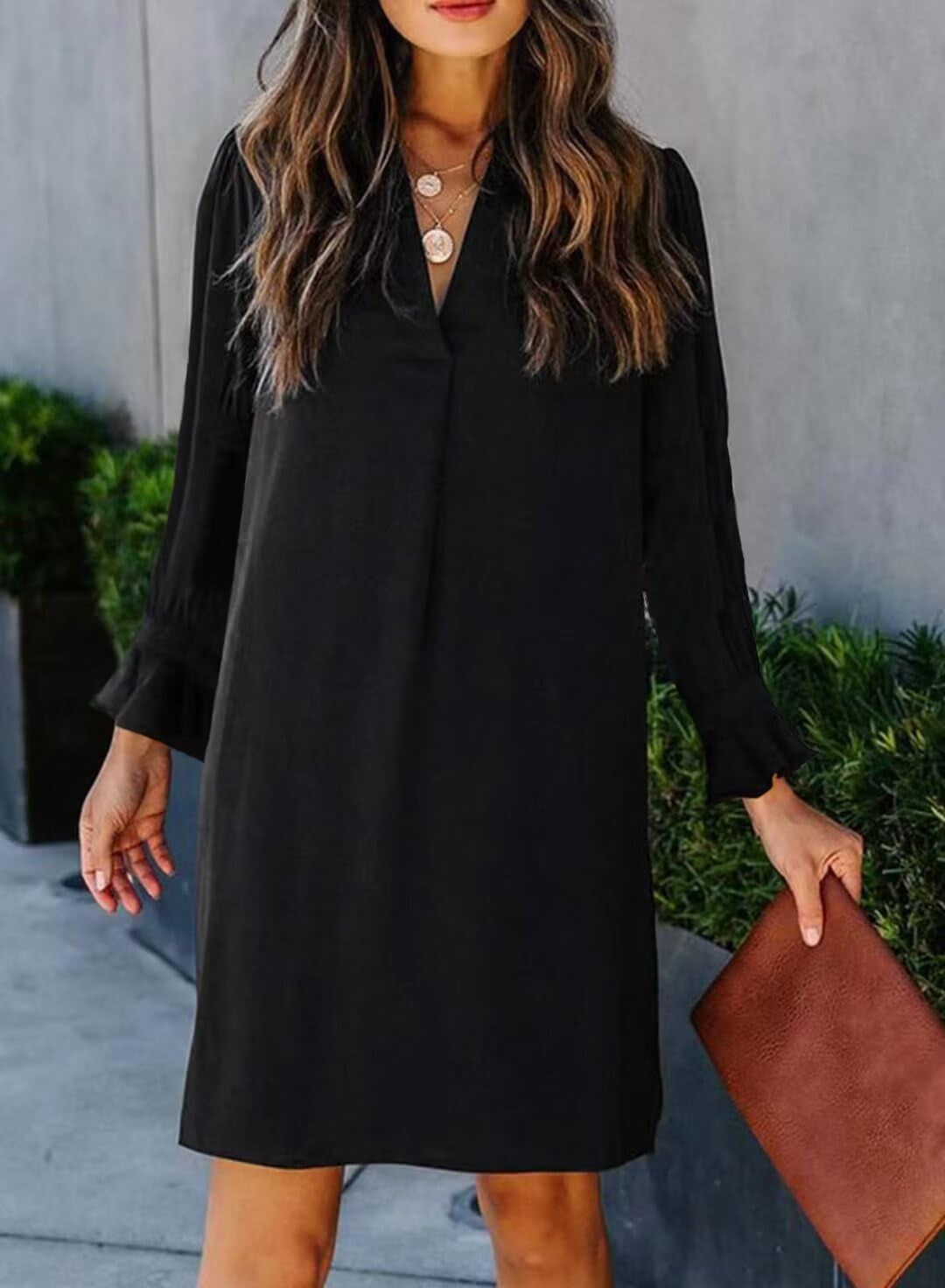 Fall Dresses for Women 2025 Casual V Neck Long Sleeves Flowy Mini Tunic Dress