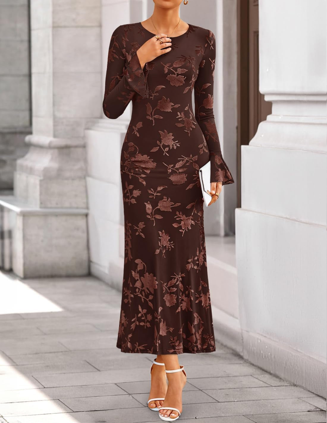 Women'S 2025 Bell Long Sleeve Floral Maxi Dress Fall Fashion Bodycon Mesh Wedding Guest Cocktail Party Dresses