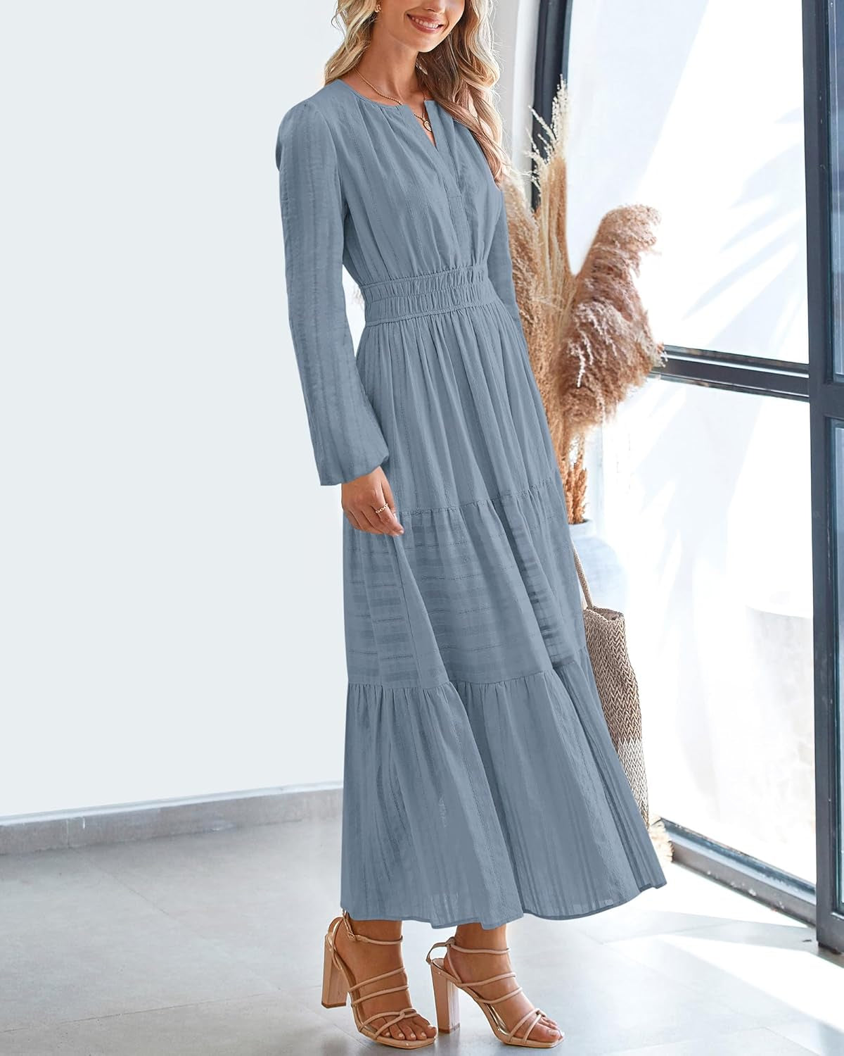 Fall Dresses for Women 2025 Casual Long Sleeve V Neck Elastic Waist Lightweight Maxi Wedding Guest Dress Pockets