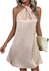 Women'S Pearl Beaded Halter Twist Sleeveless Tie Back Dress a Line Dress
