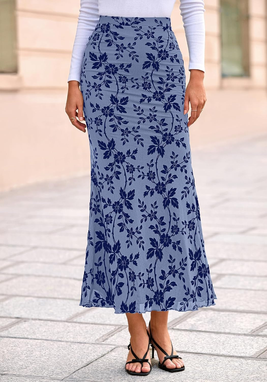 Womens Floral Mesh Maxi Skirt Elastic High Waisted Boho Elegant Mermaid 2025 Summer Fall Long Skirts for Women