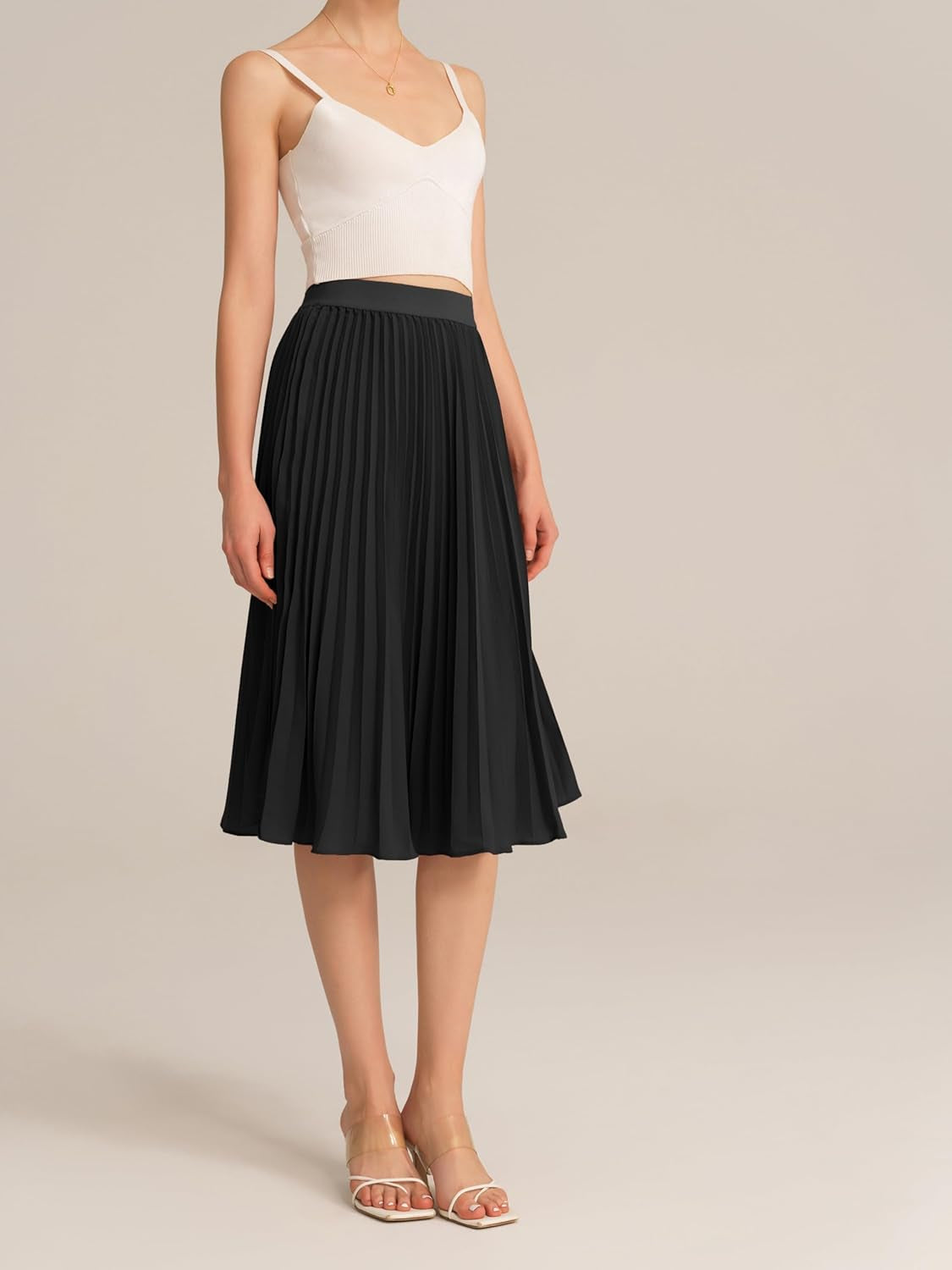 Women High Elastic Waist Pleated Chiffon Skirt Midi Swing A-Line Skirts