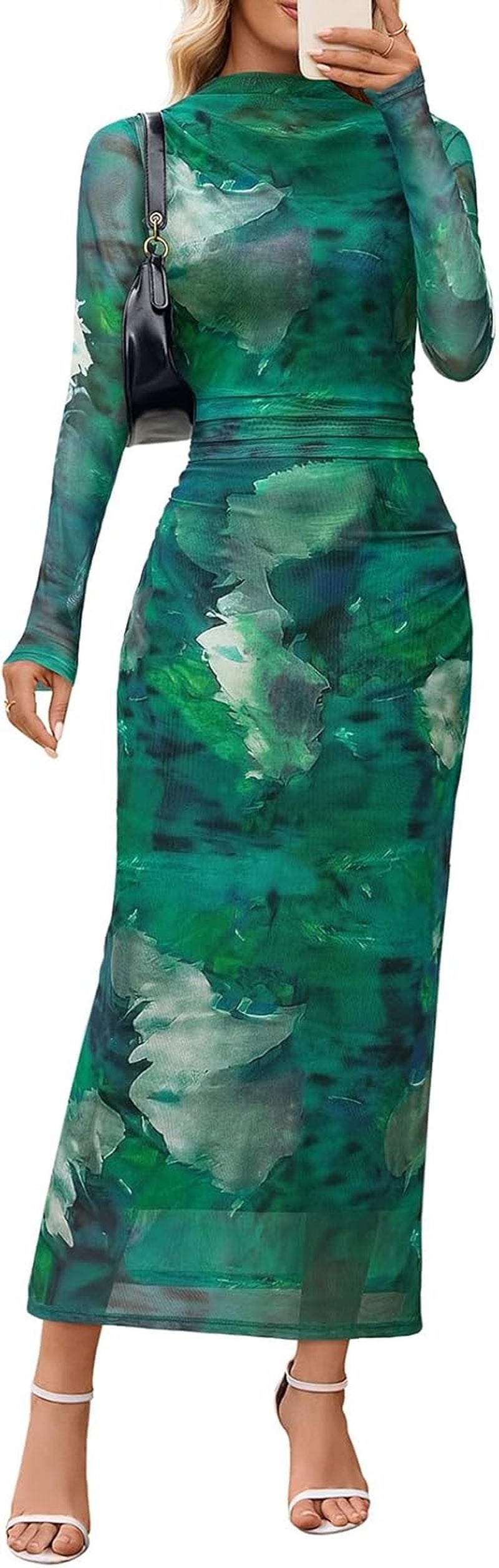 Women'S Long Sleeve Fall Wedding Guest Dress 2025 Bodycon Floral Mesh Ruched Cocktail Maxi Dresses