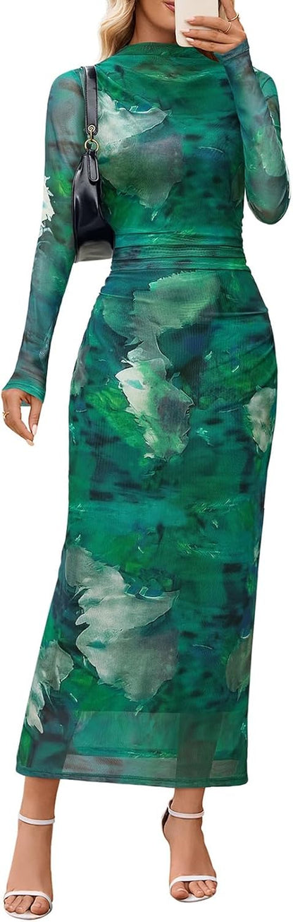 Women'S Long Sleeve Fall Wedding Guest Dress 2025 Bodycon Floral Mesh Ruched Cocktail Maxi Dresses