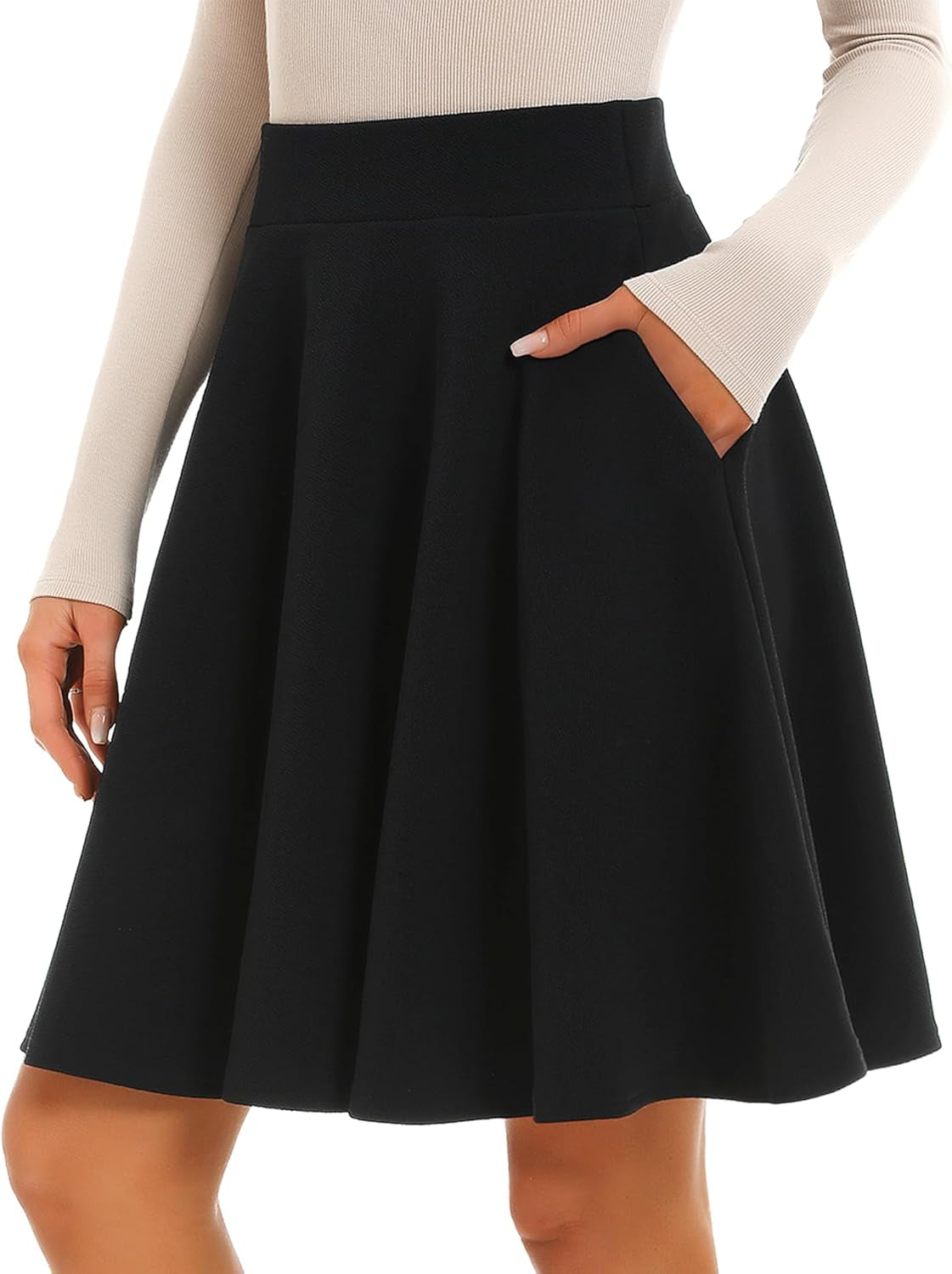 Women'S 20" Knee Length Skirts with Pockets Casual Basic Midi Skirt Stretchy High Waisted Skater Flared Pleated