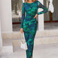 Women'S Bodycon Maxi Dress Fall Spring Fashion Long Sleeve Floral Print Tight Fitted Party Club Ruched Dresses