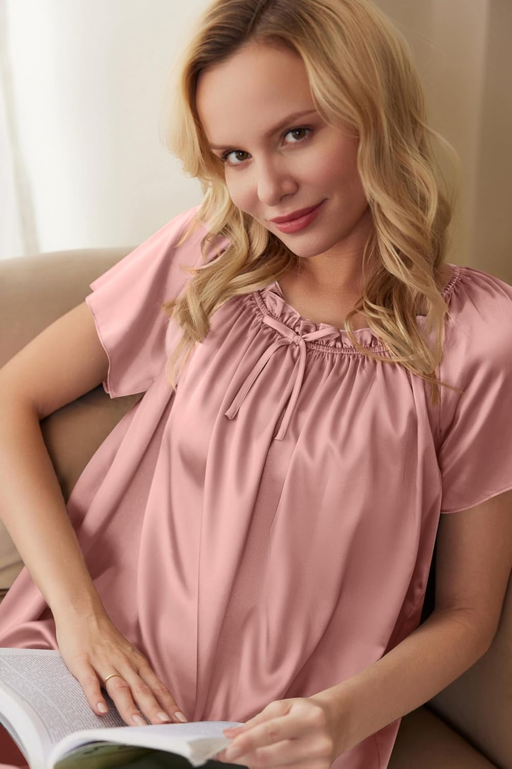Women'S Satin Silk Pleated Nightgown Loose Sleepwear Printed Nightshirt Short Sleeve Sleep Dress