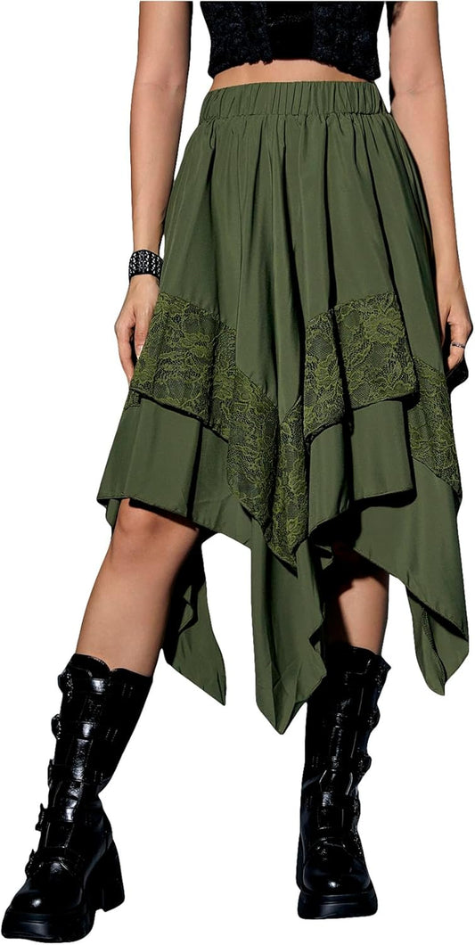 Women'S Renaissance Flowy Fairy Skirt Y2K Contrast Lace Layered Asymmetrical Midi Skirts