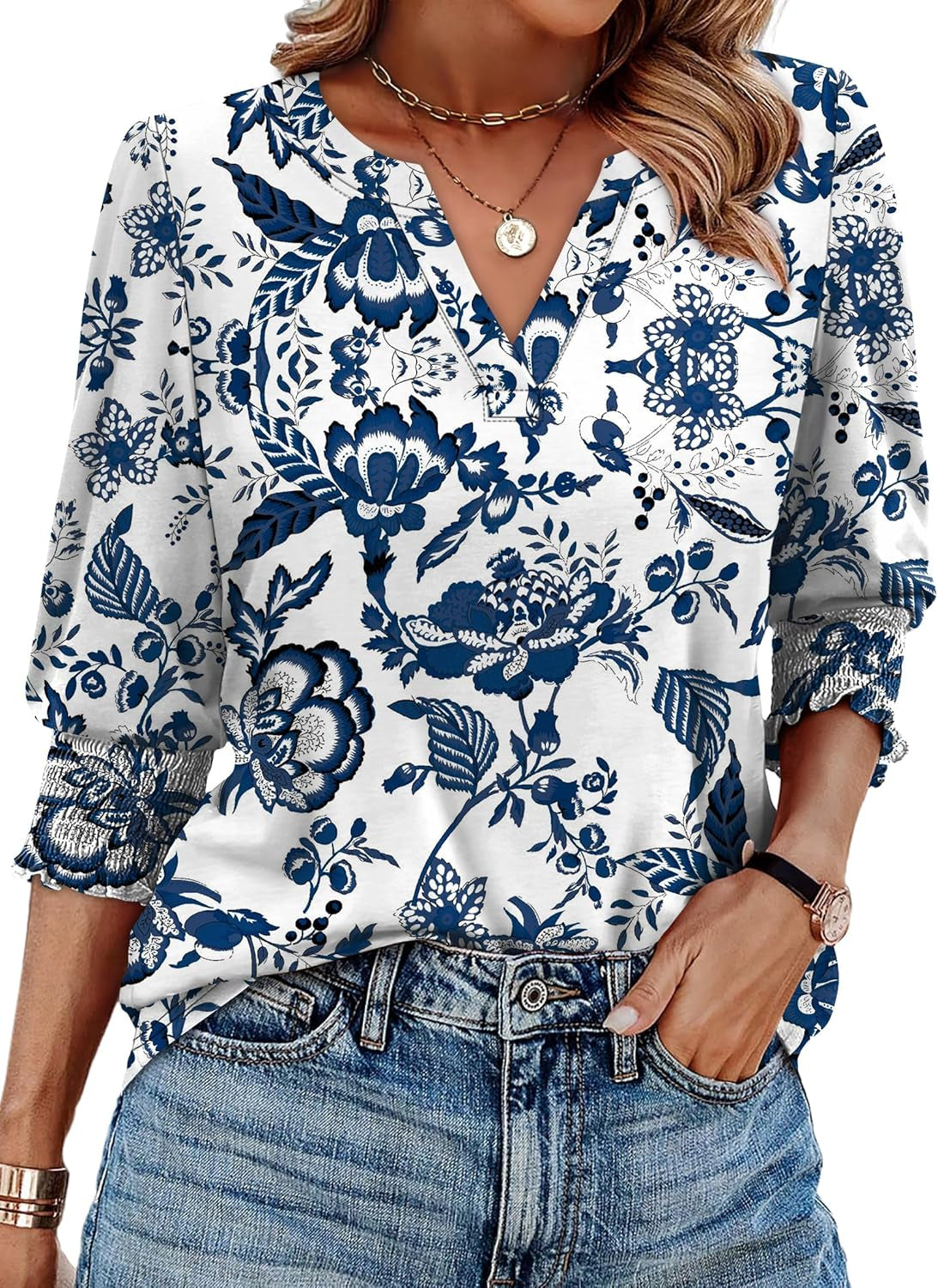 Blouses for Women Dressy Casual 3/4 Length Sleeve Womens Tops Trendy Summer Fall Shirts S-3XL