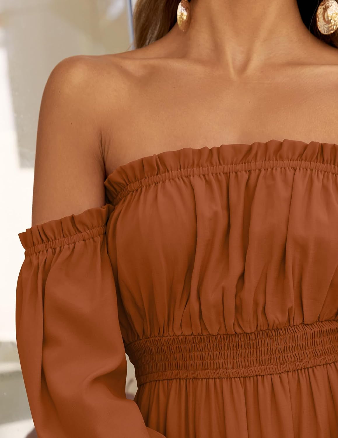 Women'S 2025 Boho Sexy off Shoulder Long Sleeve Smocked High Waist Side Split Flowy a Line Tiered Long Maxi Dress