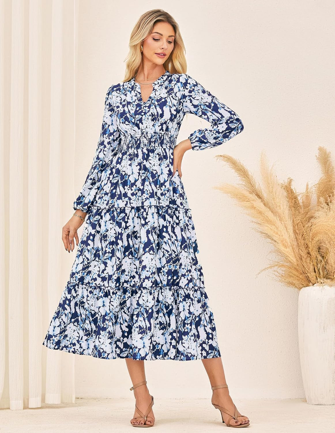 Women Floral Maxi Dress,2025 Fall Long Sleeve Casual Dresses,V Neck Boho Flowy Elegant Dress with Pockets