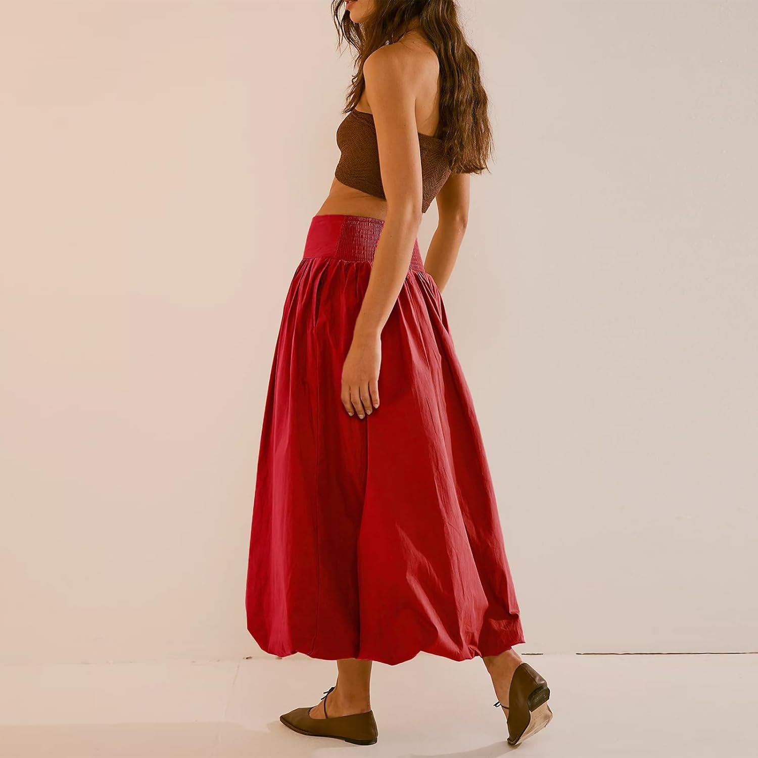 Women Y2K Bubble Maxi Skirt Low Elastic Waist a Line Long Skirt Summer Casual Ruffle Pleated Midi Dress