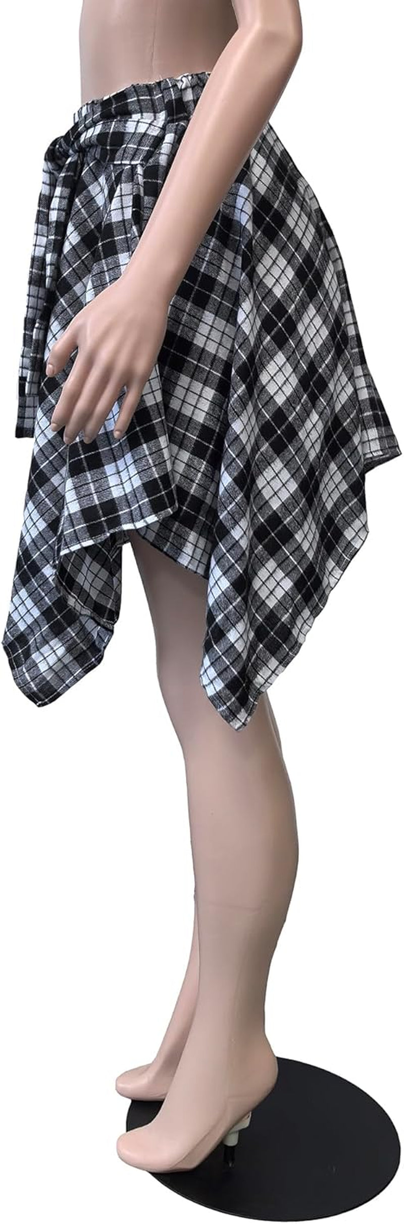 Womens Plaid Skirts Elastic High Waist Tie Front Asymmetrical Hem Pleated Mini Skirt