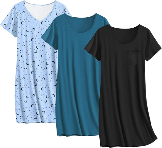 Cotton Nightgowns for Women 3 Pack Sleepshirts Short Sleeve Night Shirt Tshirt Night Gown Print Sleepwear Dress