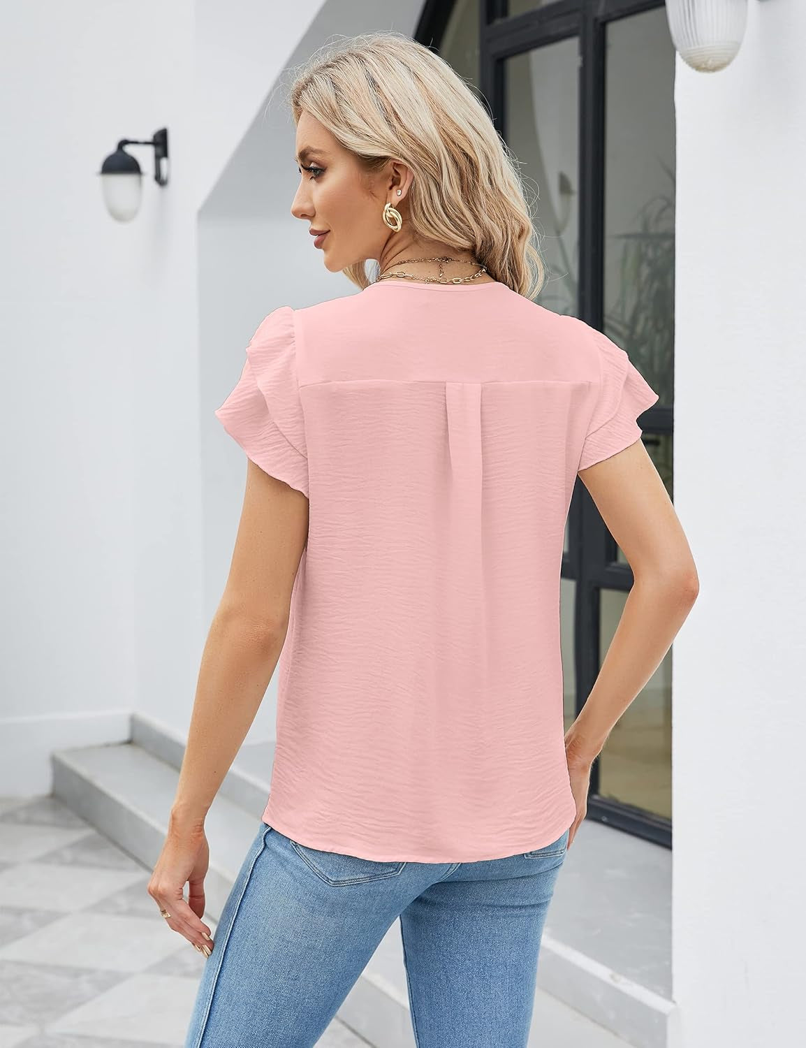 Womens Dressy Casual Shirts Short Sleeve V Neck Work Blouse Business Casual Summer Tops 2025