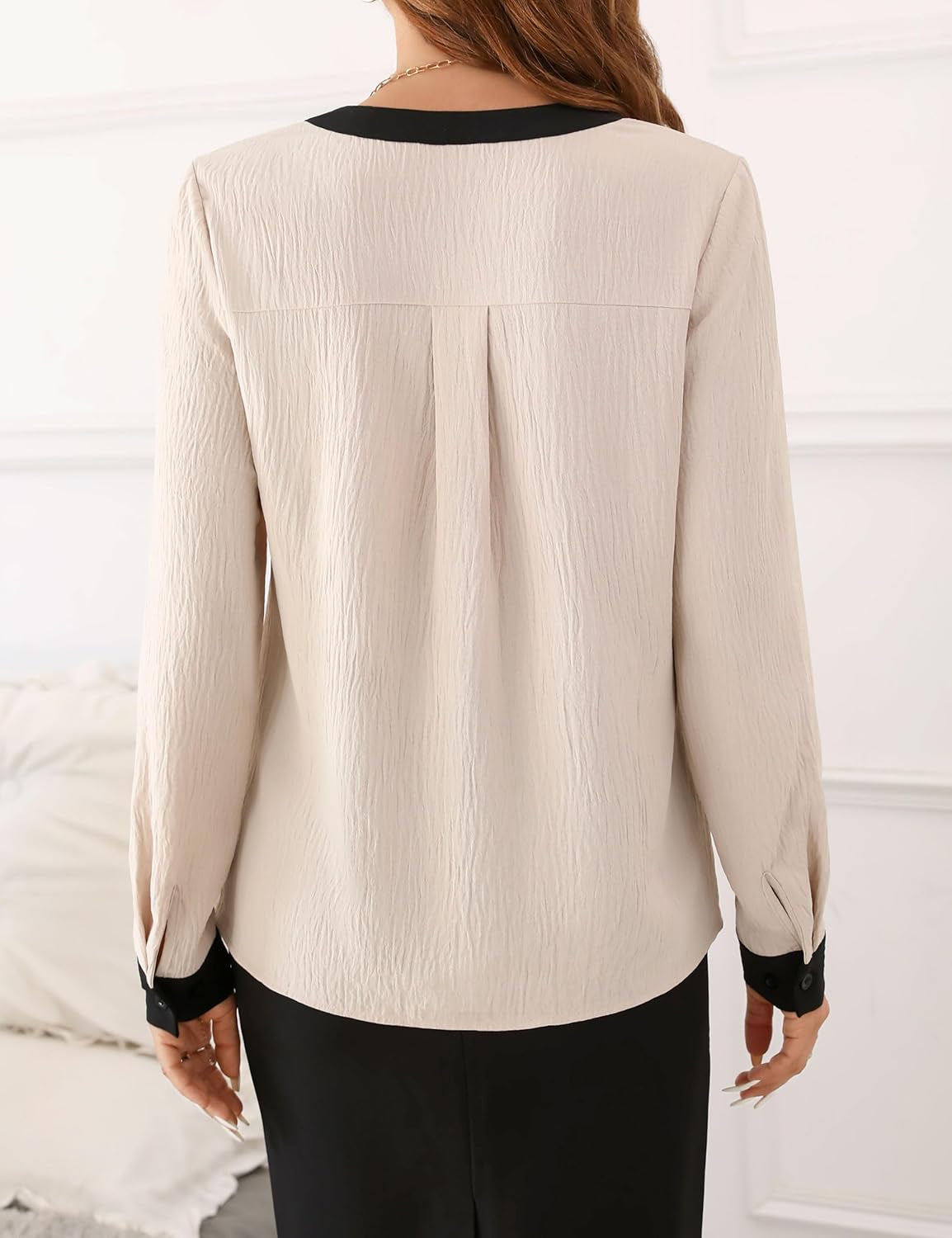 Womens Tops Dressy Casual V Neck Color Block Business Casual Blouses Long Sleeve Work Shirts Fall Trendy Clothes