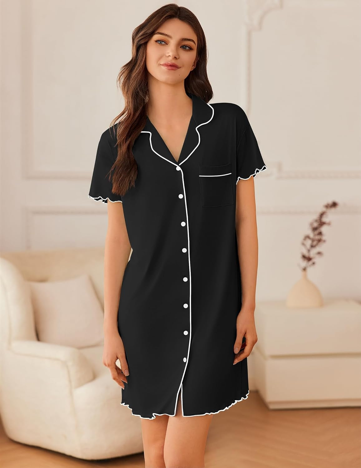 Nightgowns for Women Button down Sleep Shirt Short Sleeve Nightshirts Boyfriend Sleepdress Soft Pajama Dress