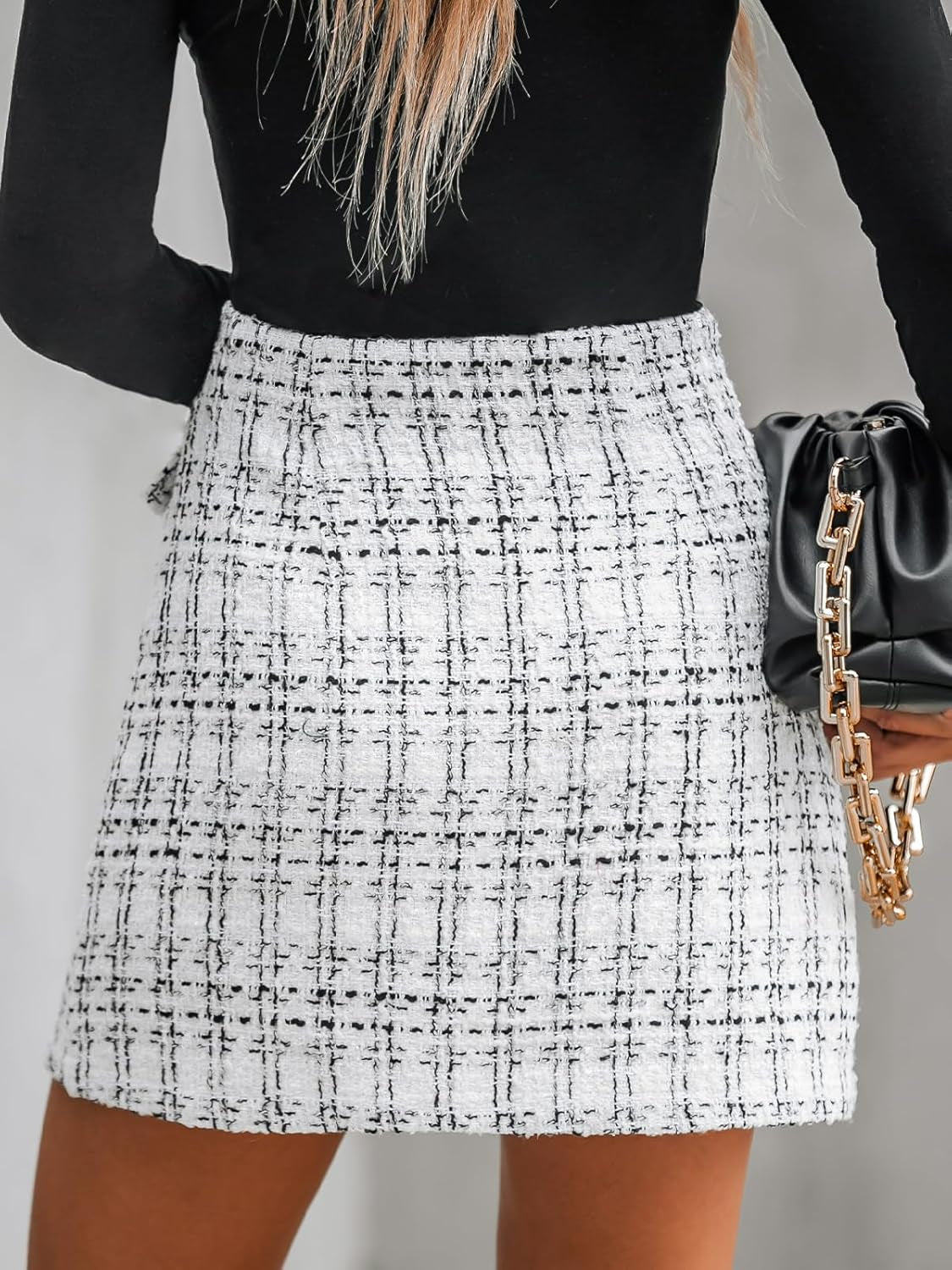 Women Mini Plaid Skirts Tweed High Waist Bodycon Pencil Hem Fall Winter Dressy Outfits Shorts