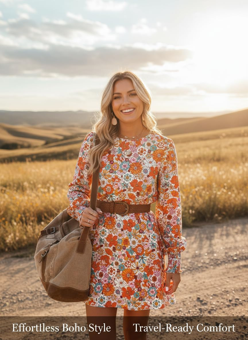 Fall Dresses for Women 2025 Floral Flowy Boho Dresses Long Sleeve Empire Waist Babydoll Mini Dress