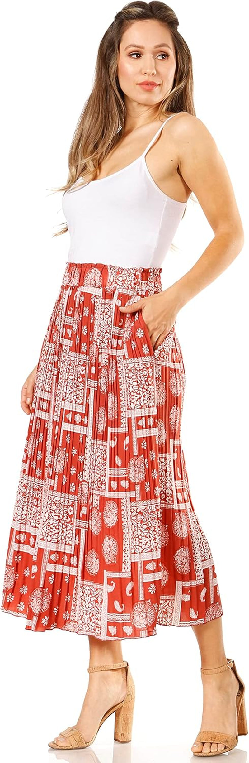 Pleated Midi Skirts for Women with Pockets, Elastic High Waisted Skirt Reg & plus Size Womens Summer Skirts Trendy 2023