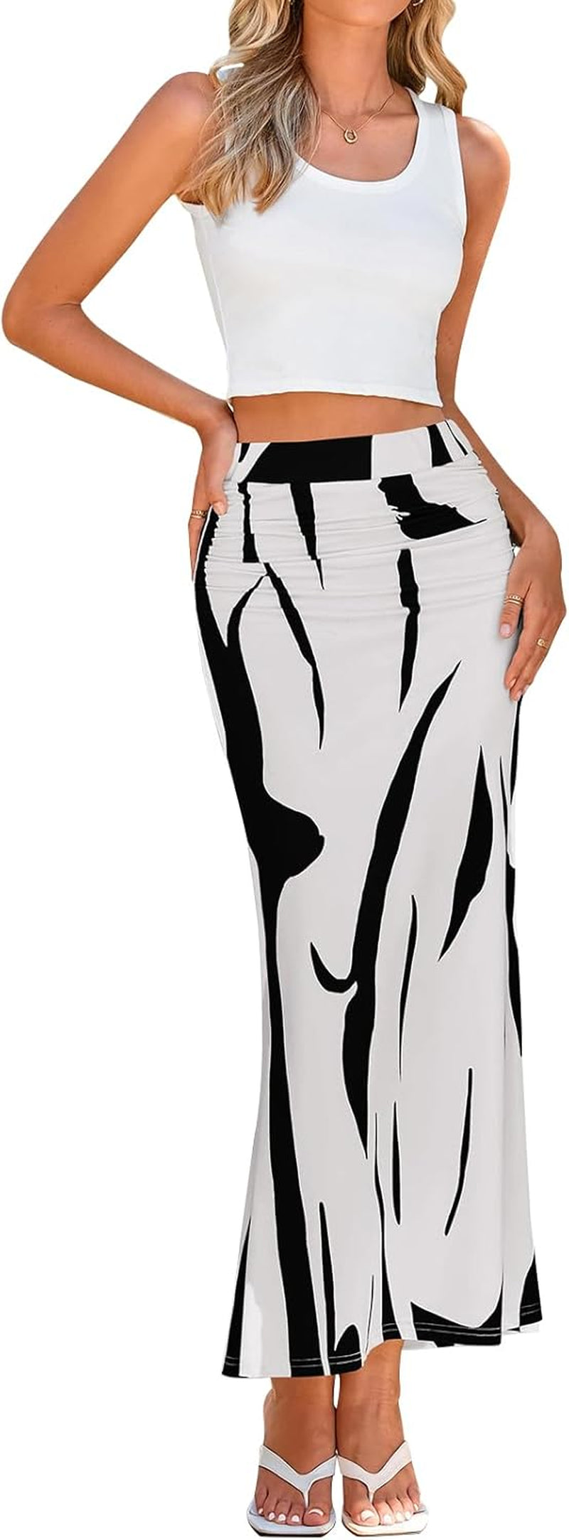 Women'S 2025 Stretch Graphic Print Fishtail Long Skirts for Women Spring Trendy Ruched Waist Maxi Skirt