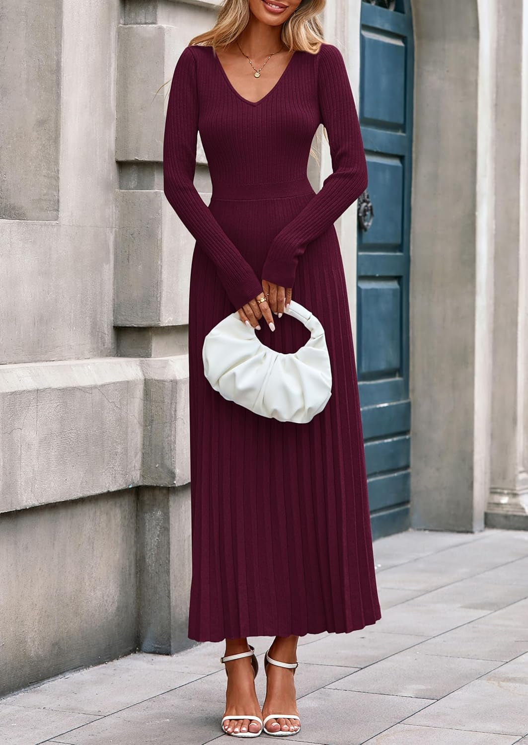 Women Sweater Dress Fall Fashion 2025 Long Sleeve V Neck Ribbed Knit Pleated a Line Elegant Maxi Winter Dresses