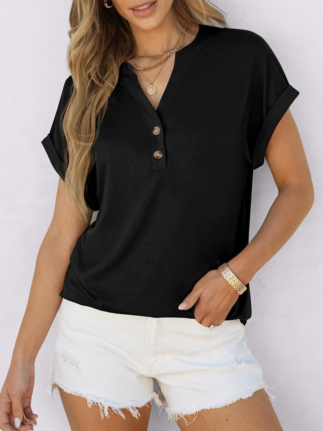 Womens Short Sleeve Henley Tops V Neck Dressy Casual Blouses Summer Trendy Tee Shirts 2025 Vacation Fashion Clothes