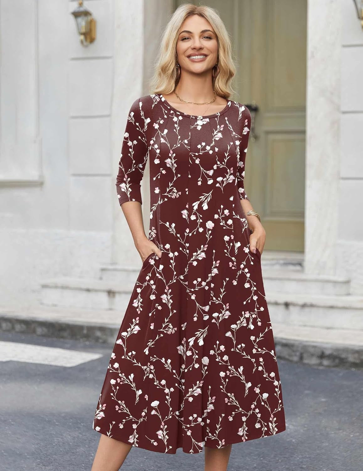 Women'S 3/4 Sleeve A-Line and Flare Midi Long Dress