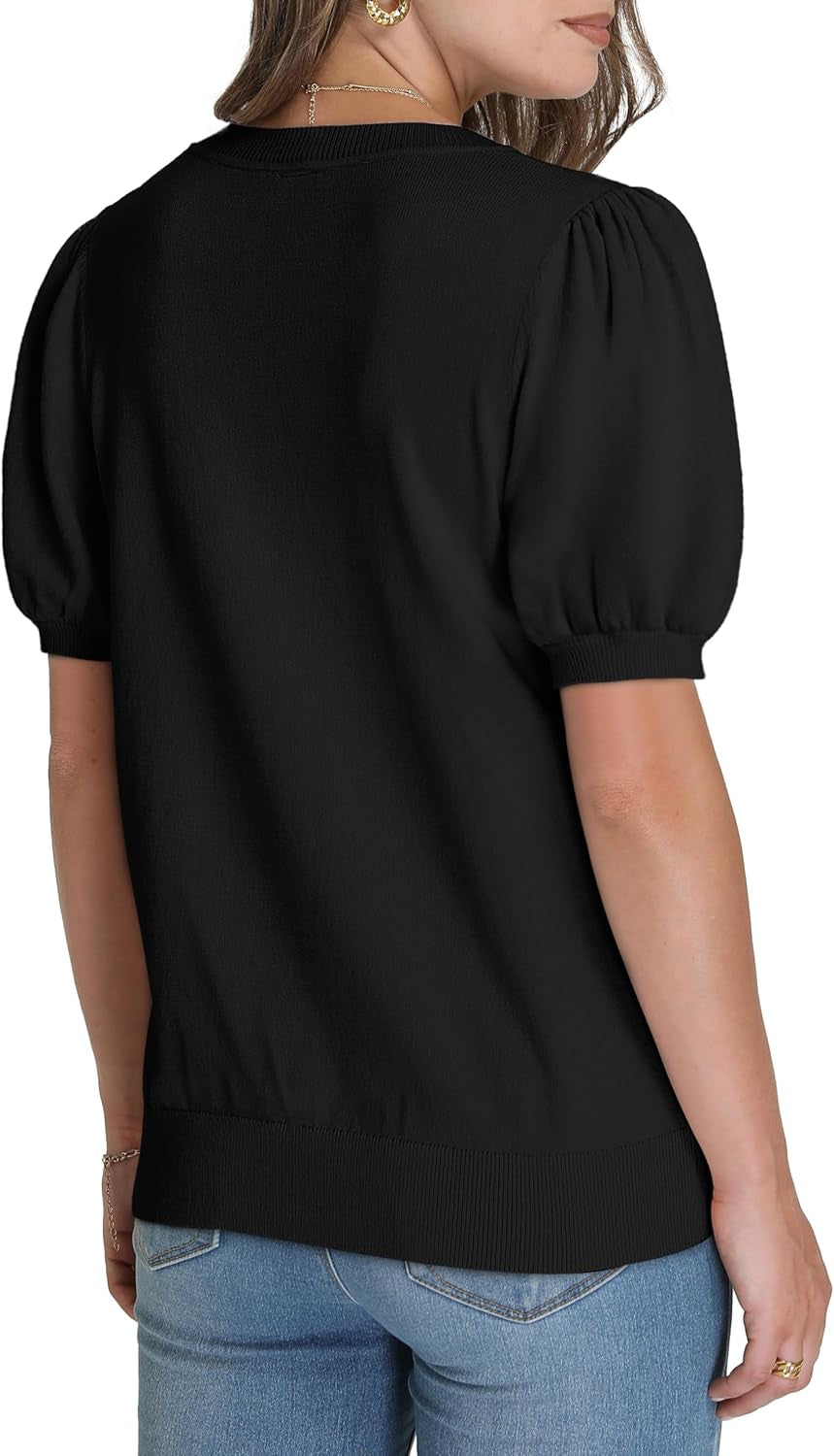 Women'S Puff Short Sleeve Sweater 2025 Spring Summer Tops Trendy Business Casual Outfits Work Blouses Clothes