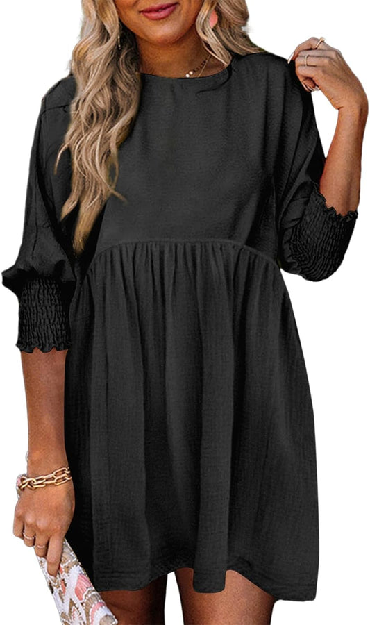 Womens Fall Dresses Casual Tunic Dress Short Sleeve Crew Neck Flowy Babydoll Dress