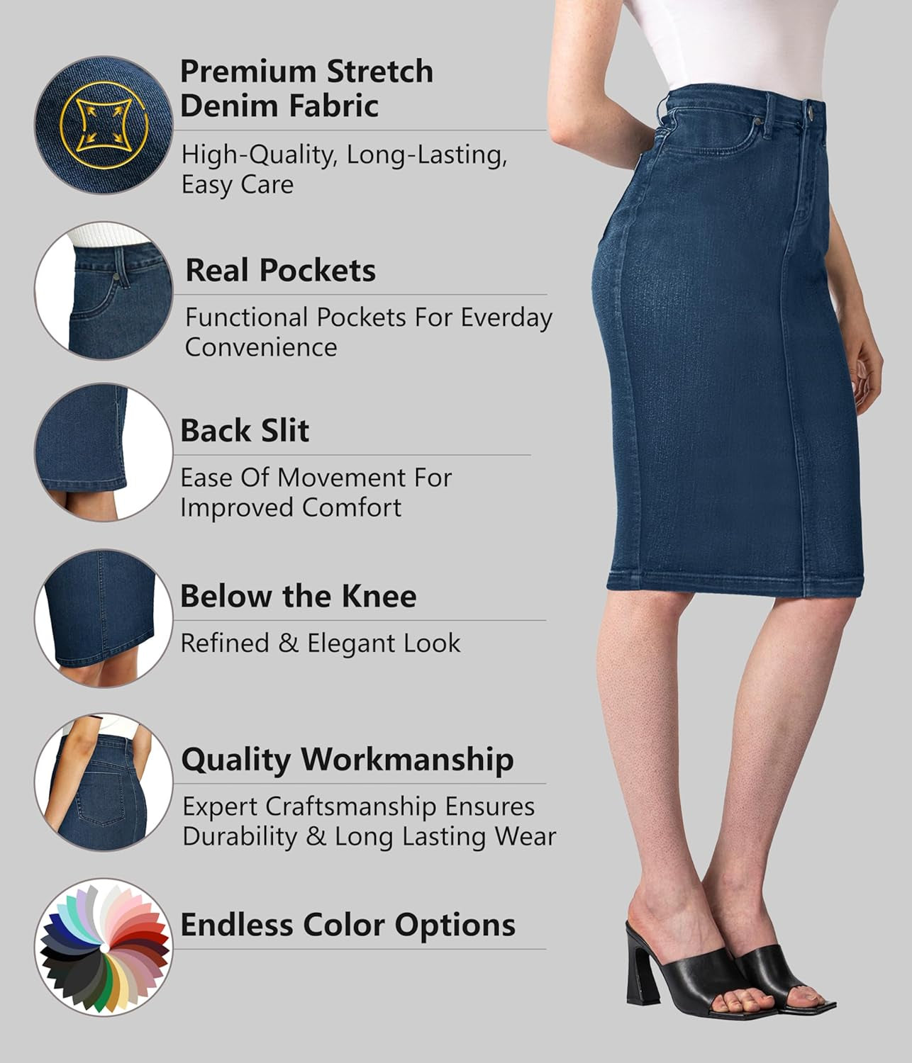 Womens Stretch Pencil Skirts with Functional Pockets, a Line & Destructed Mini Denim Skirts