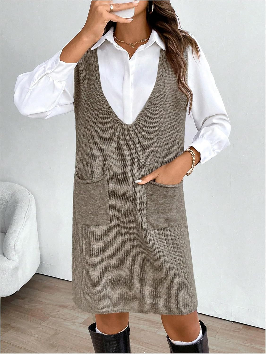 Women'S Casual Sweater Dress V Neck Sleeveless Knit Short Sweater Dresses with Pocket