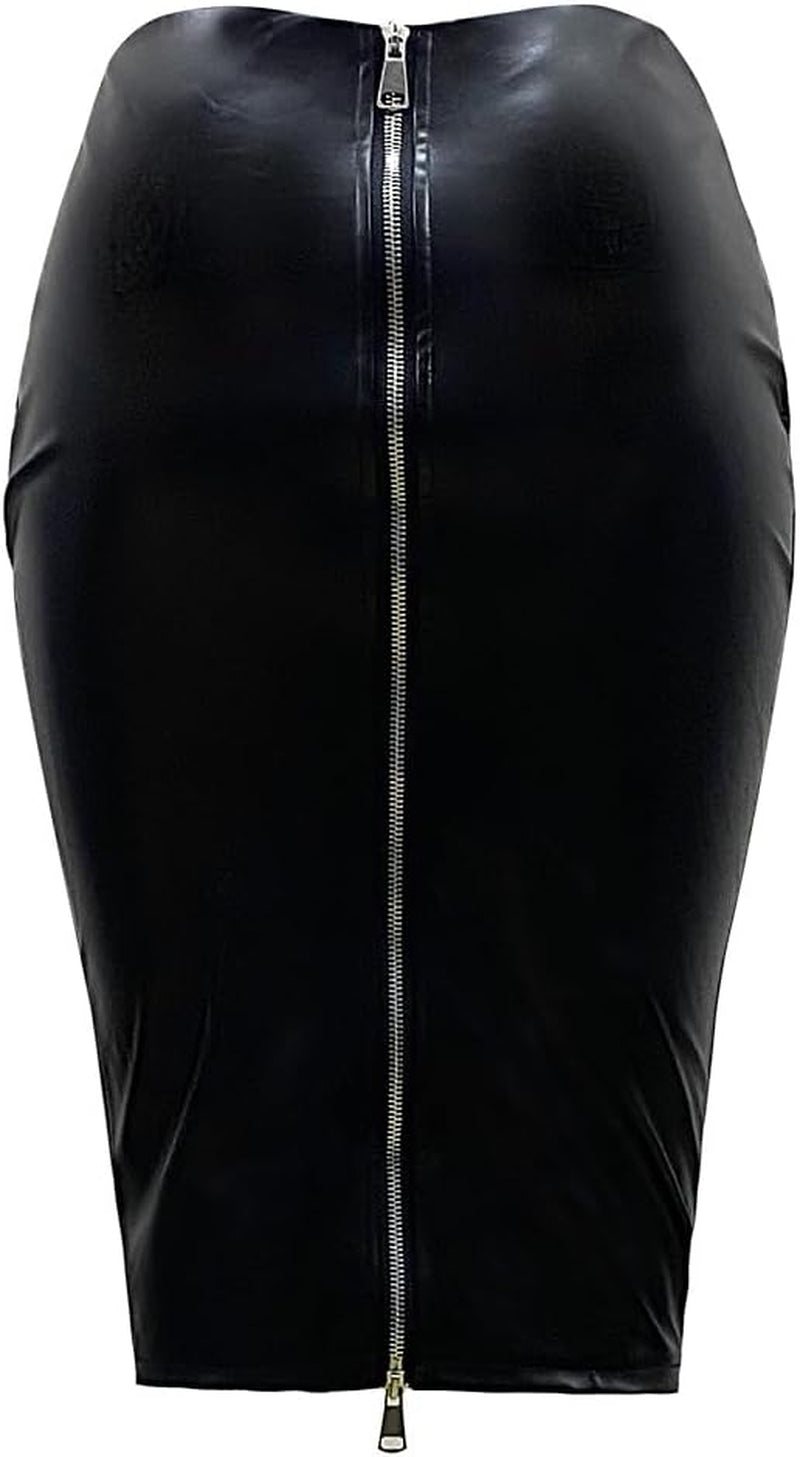 Women'S Faux Leather Pencil Skirt, High Waist Midi Length with Double Zipper