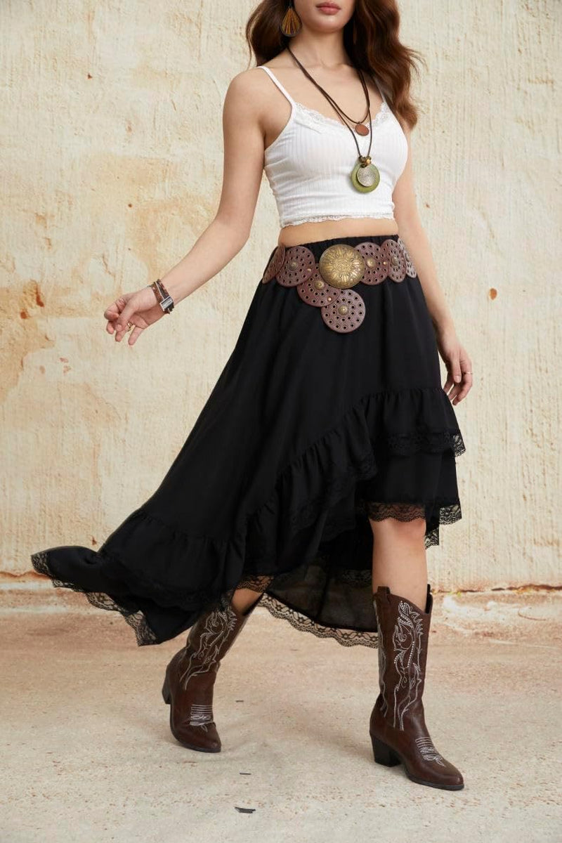 Women'S Western Boho Lace Ruffle Skirt Asymmetrical Country Cowgirl Skirts