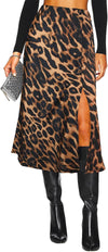 Women'S Side Slit a Line Satin Midi Skirt Elastic High Waisted Cheetah Leopard Print Silk Long Skirts for Women