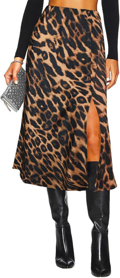 Women'S Side Slit a Line Satin Midi Skirt Elastic High Waisted Cheetah Leopard Print Silk Long Skirts for Women