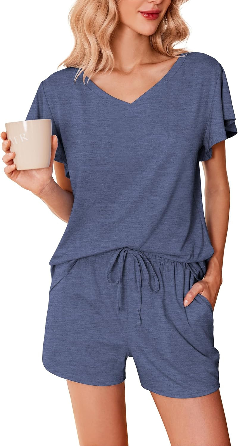 Women'S Pajamas Set Ruffle Sleeves Sleepwear V Neck Comfy 2 Piece Pjs Loungewear Set with Pockets S-XXL