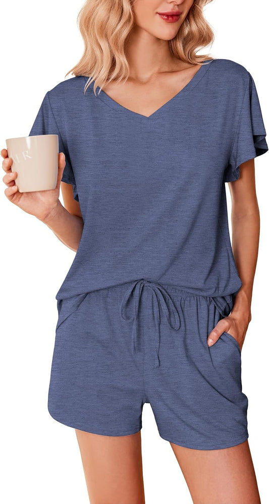 Women'S Pajamas Set Ruffle Sleeves Sleepwear V Neck Comfy 2 Piece Pjs Loungewear Set with Pockets S-XXL