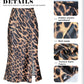 Women'S Side Slit a Line Satin Midi Skirt Elastic High Waisted Cheetah Leopard Print Silk Long Skirts for Women
