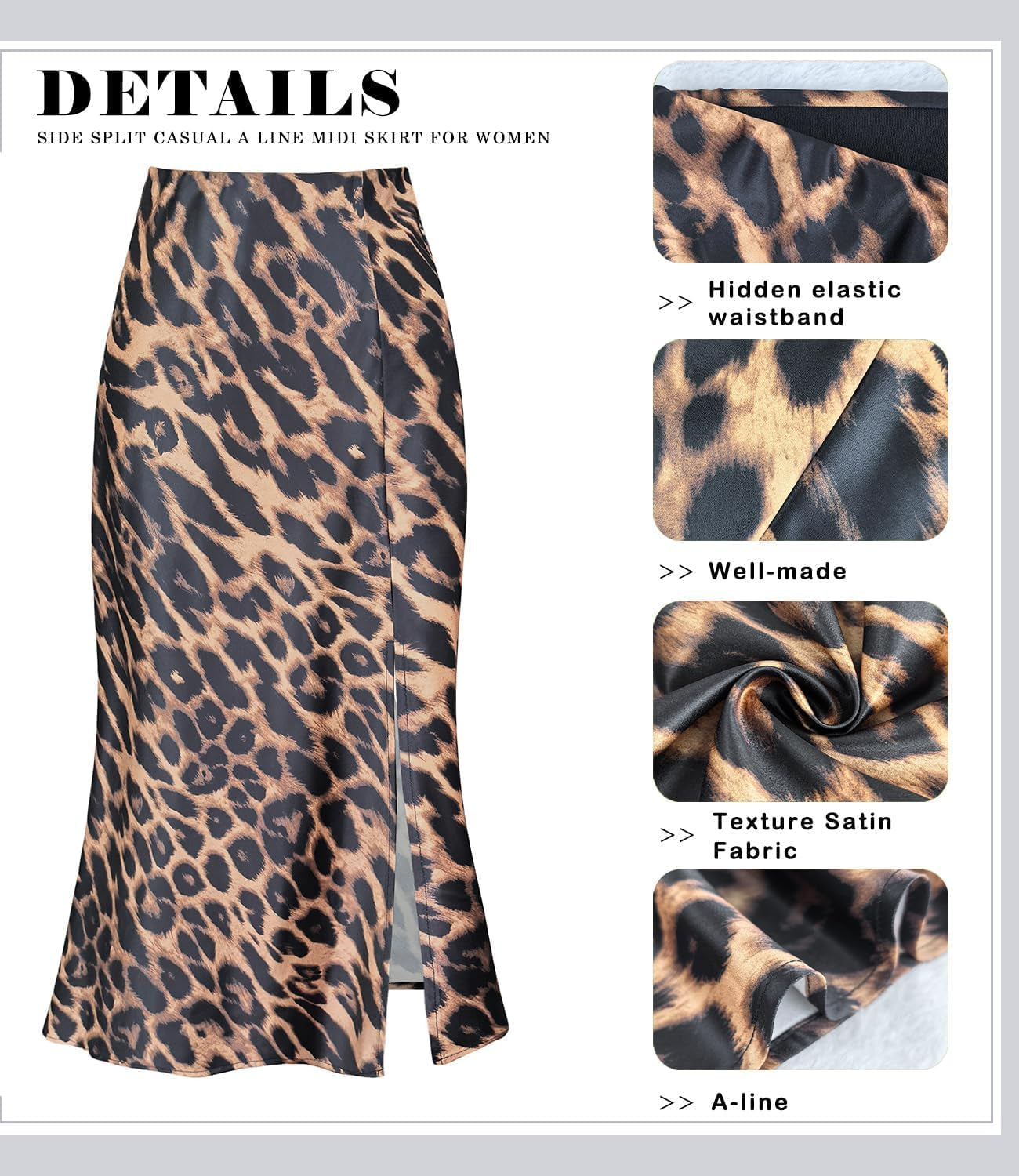 Women'S Side Slit a Line Satin Midi Skirt Elastic High Waisted Cheetah Leopard Print Silk Long Skirts for Women