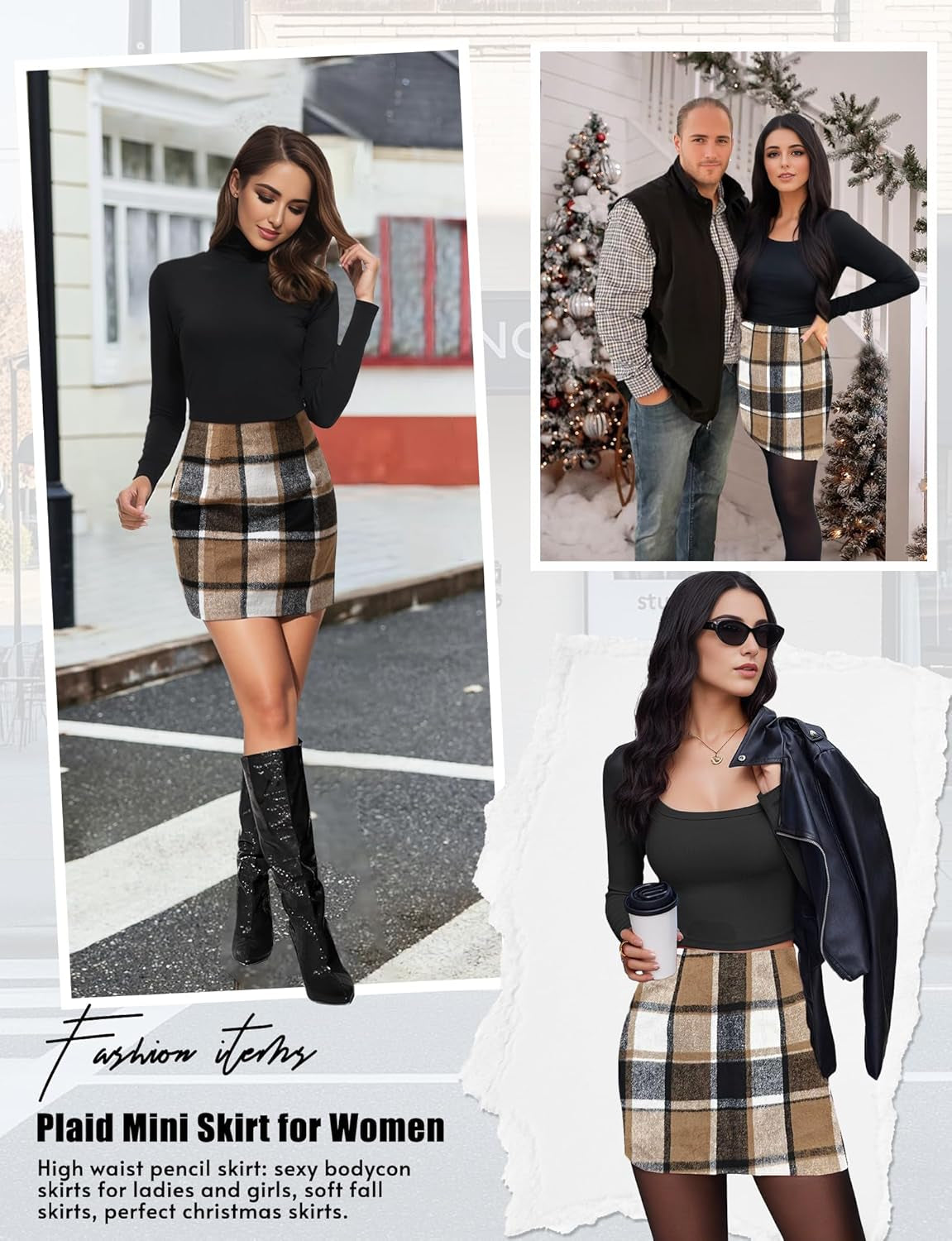Plaid Skirts for Women, Pencil Mini Skirts for Women High Waist Bodycon Christmas Holiday Fall Winter Skirts 2025 Trendy