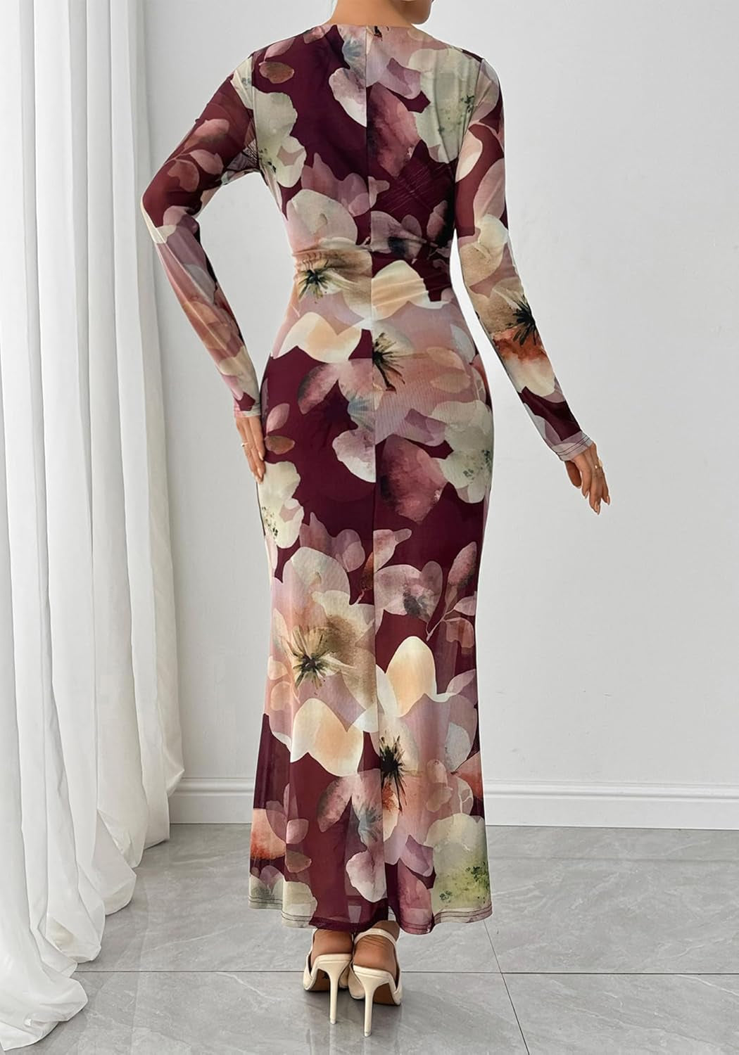 Wedding Guest Dresses for Women Fall Fashion 2025 Bodycon Long Sleeve Boho Mesh Party Cocktail Floral Maxi Dress