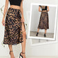 Women'S Side Slit a Line Satin Midi Skirt Elastic High Waisted Cheetah Leopard Print Silk Long Skirts for Women