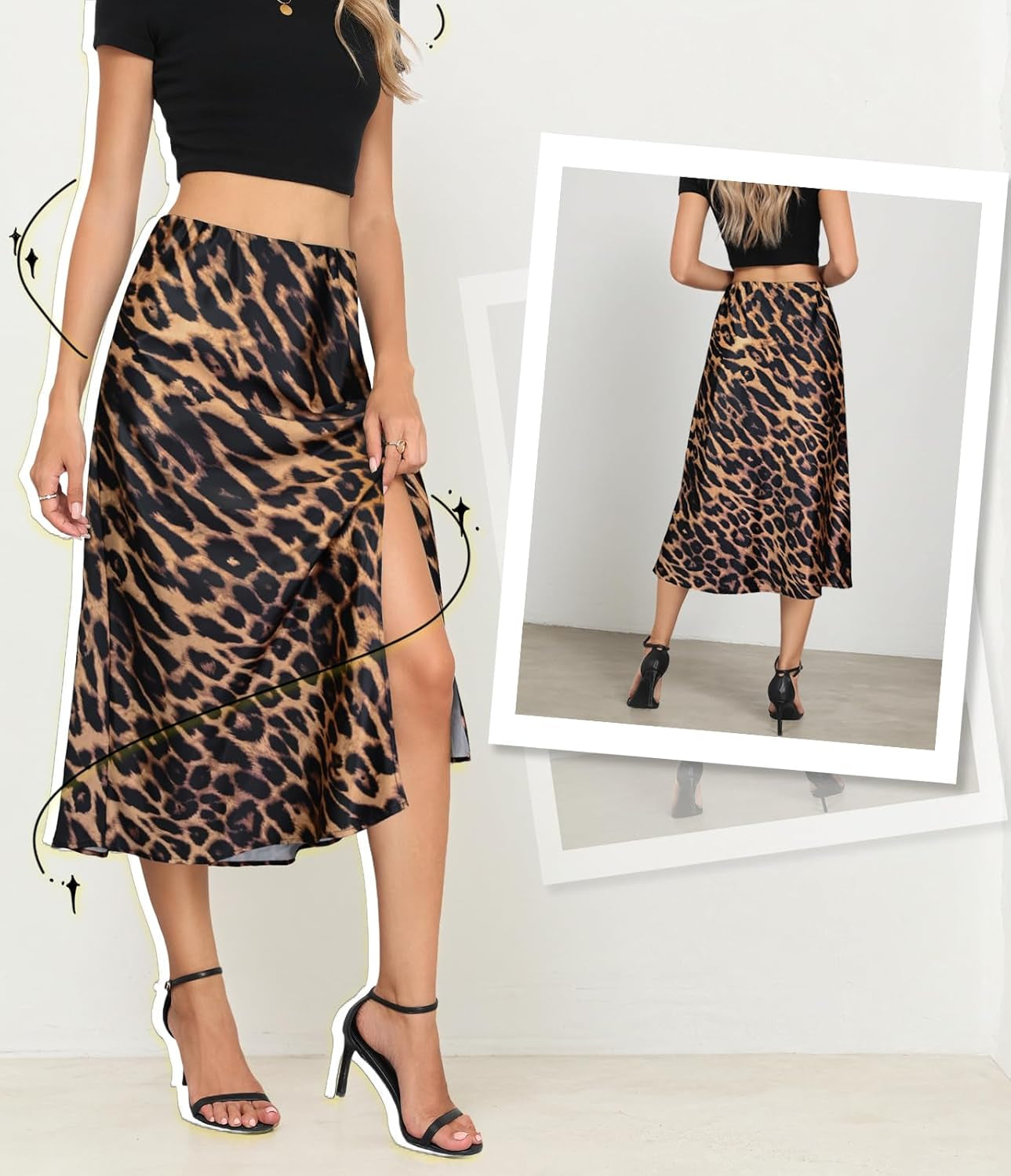 Women'S Side Slit a Line Satin Midi Skirt Elastic High Waisted Cheetah Leopard Print Silk Long Skirts for Women