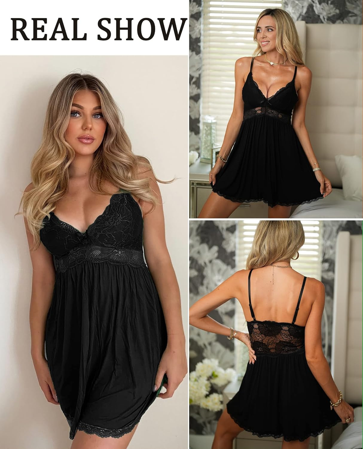 Women Chemise Night Gown Lace Modal Sleepwear V-Neck Full Slip Babydoll Lingerie Sexy Nightgowns